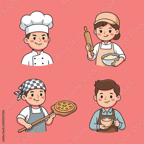 Set of four cartoon illustrations depicting various culinary professionals and their activities.