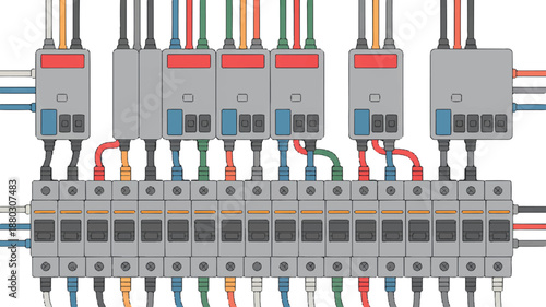 Electrical Circuit Breaker Panel with Colored Wires in Industrial Setup with Modern Design for Energy Management