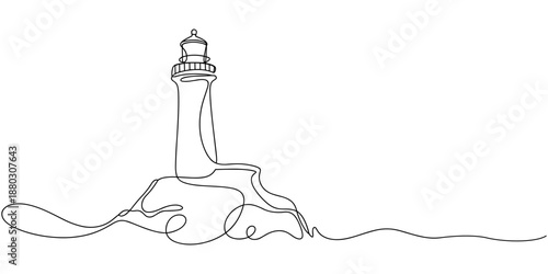 lighthouse continuous one line drawing, abstract lighthouse. Self drawing one continuous line draw, logo, Lighthouse on the coast. Concept Tower Architecture Projects continuous one line drawing.
