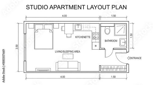 Studio apartment layout plan with kitchenette and bathroom