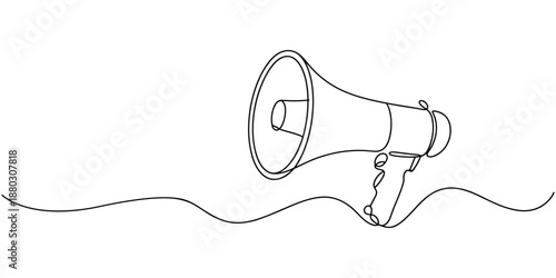 One line hand with megaphone. Person hold loudspeaker in continuous lines style. Symbol of sale, hiring or event announcement, Continuous single one line art drawing of megaphone speaker for news