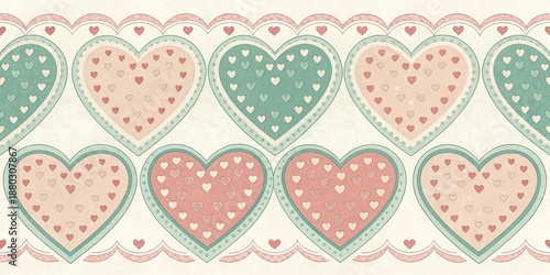 A repeating pattern of hearts in alternating colors and scalloped heart border
