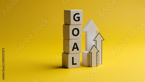“Goal Setting Concept: Stacked Blocks with Upward Arrow on Bright Yellow Background – Minimalist Growth Illustration”

