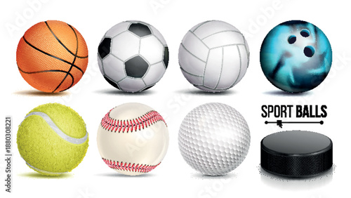 Realistic Sports Balls and Puck on White Background