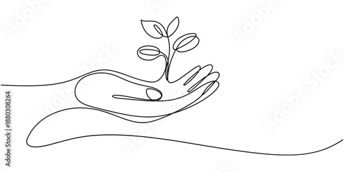 Hand hold leaves branch continuous line drawing. Plant in human arm one line art. Vector illustration isolated on white.