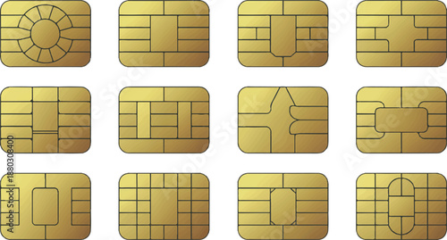 SIM cards in various designs with golden color on white background in studio lighting for mobile technology
