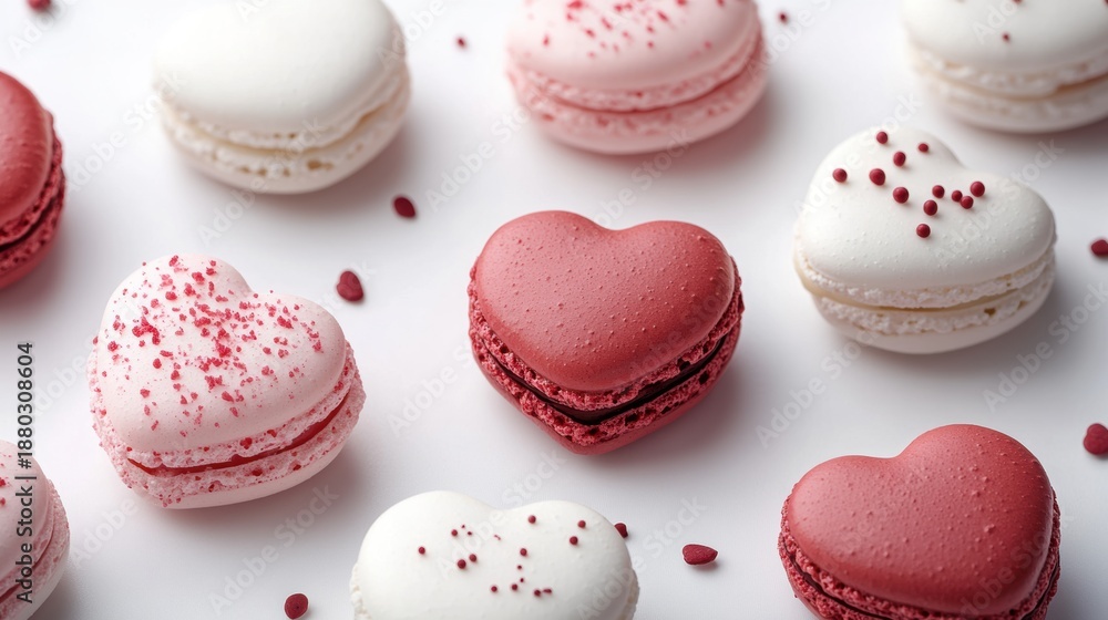 Obraz premium Macarons in heart shape in gift box isolated on pink background,events,aniversary festival gift set,french macaron cookies,trendy 2026,couple valentine Romantic love or pastry shop.