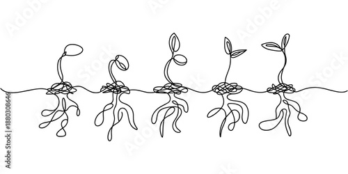 Continuous one line drawing growing plant. Seeds sprout in ground. Seedling gardening plants, sprouts. Single line draw vector graphic illustration