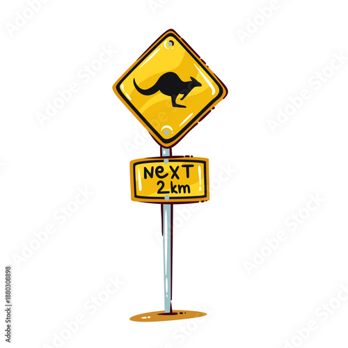 Kangaroo road warning sign with jumping kangaroo silhouette, yellow diamond board, next 2 km plate, metal pole, traffic symbol. Kangaroo crossing sign, cartoon vector illustration.