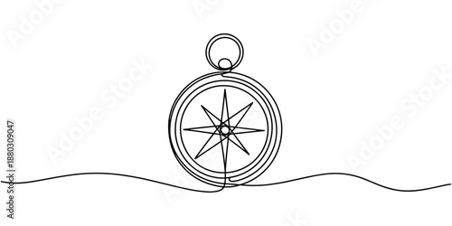 Continuous one line drawing of traveller compass. One line drawing illustration of compass navigate and adventure. Navigation, direction, journey concept line art. Editable outline, Magnetic compass.