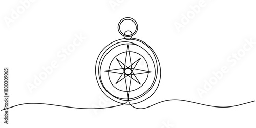 Continuous one line drawing of traveller compass. One line drawing illustration of compass navigate and adventure. Navigation, direction, journey concept line art. Editable outline, Magnetic compass.