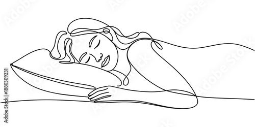 Woman sleeping on pillow bed continuous one line drawing. Sleeping woman in single line art illustration. Editable vector, Continuous single line sketch drawing of woman sleeping on pillow bed.