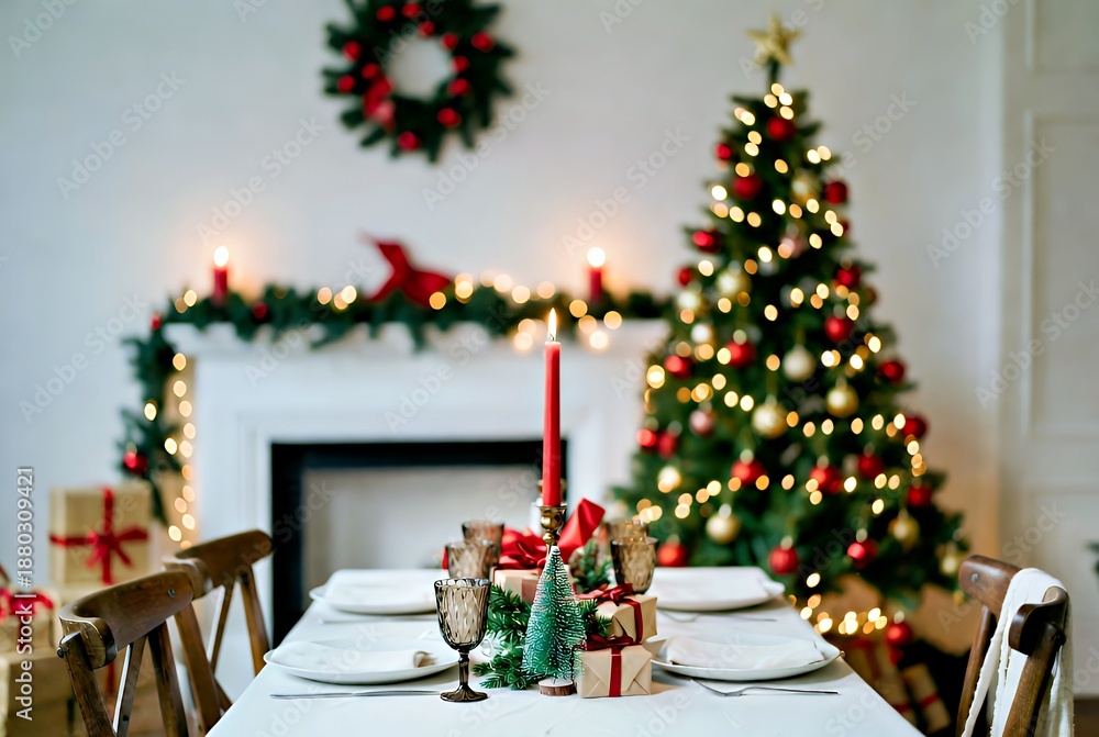 Obraz premium Cozy Christmas Dining: Festive Table Decor with Tree, Lights, and Ornaments