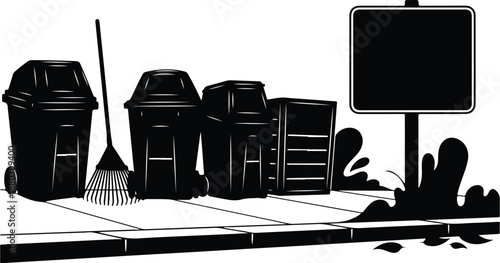 Black and white illustration of trash cans and tools