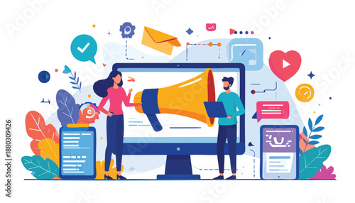 vector Digital Marketing Concept with Megaphone and People