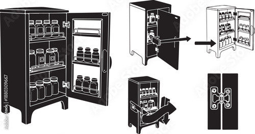 Black and white illustration of a refrigerator with diagrams
