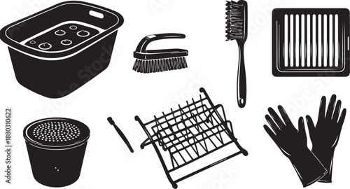 Black and white kitchen utensils and tools illustration set