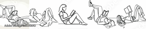 line art of a woman relaxing on the floor reading a book