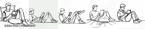 line art of a man relaxing on the floor reading a book