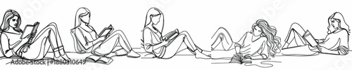 line art of a woman relaxing on the floor reading a book