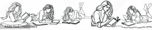 line art of a woman lying on the floor reading a book