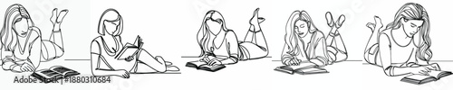 line art of a woman lying on the floor reading a book