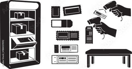 Black and white illustration of vending machine and tickets