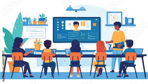 vector Diverse Group of Page Page Children Learning Online