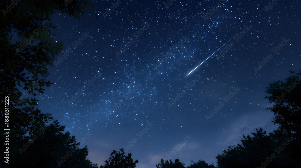 Naklejka premium A vivid shooting star streaks across a dark star filled night sky framed by the silhouettes of trees