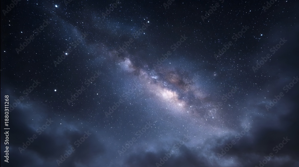 Fototapeta premium A stunning view of the Milky Way galaxy stretching across a dark star filled night sky with ethereal clouds