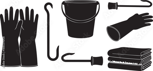Cleaning tools and supplies in black silhouette style illustration