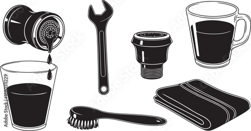 Black and white illustration of coffee tools and accessories