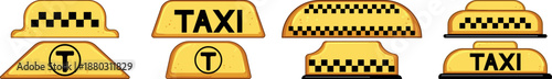 Collection of yellow taxi signs with checkered patterns