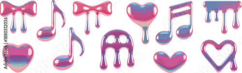 Abstract iridescent glossy icons set with hearts bows music notes liquid shapes colorful gradient playful modern illustration design