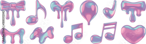 Abstract iridescent glossy icons set with hearts bows music notes liquid shapes colorful gradient playful modern illustration design