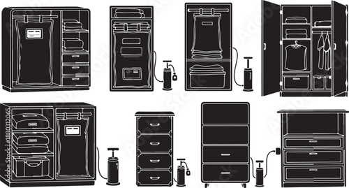 Detailed black and white kitchen appliance line drawing set