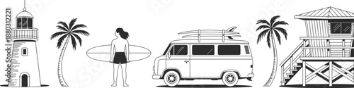 Beach surf lifestyle illustration set featuring lighthouse palm trees surfer silhouette vintage van lifeguard tower coastal summer travel scene