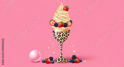 Chic Berry and Cream Dessert Illustration: Modern graphic design featuring a unique, fashionable dessert in a spotted glass, perfect for menu design, advertisements, or web backgrounds.
