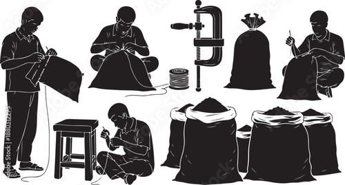 Silhouette of a person sewing and working with fabric