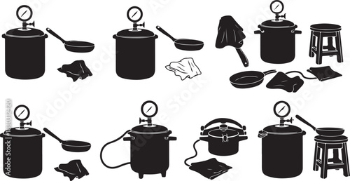 Black and white illustration of pressure cooker kitchen tools