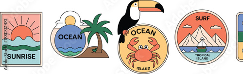 Colorful tropical ocean badges collection with sunrise island surf crab toucan palm tree flat vector illustration set