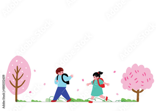 桜の木の下を走る小学生のイラスト