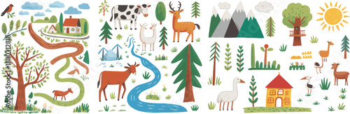 Cute hand drawn countryside illustration set with farm animals trees river mountains house nature landscape kids cartoon style
