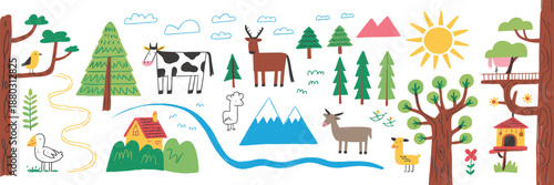 Cute hand drawn countryside illustration set with farm animals trees river mountains house nature landscape kids cartoon style