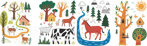 Cute hand drawn countryside illustration set with farm animals trees river mountains house nature landscape kids cartoon style
