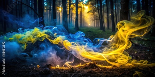 Yellow and blue smoke swirls in a dark
