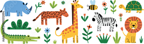 Cute hand drawn jungle animals illustration set with giraffe lion zebra crocodile rhino turtle flowers kids style artwork