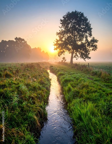 A serene dawn scene captures a meandering stream. Lush grassy fields embrace the water, leading towards a solitary tree at the sunrise