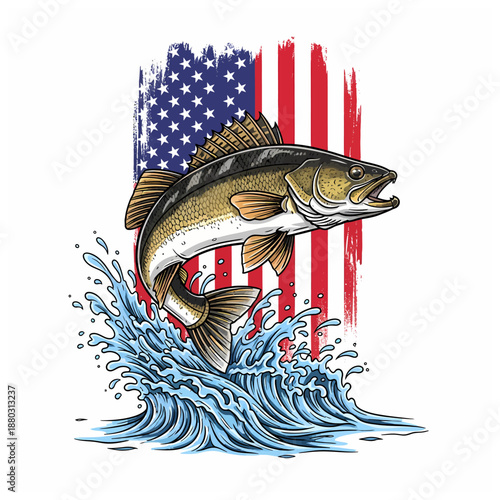 Walleye fish jumping out of water with american flag background