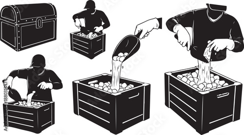 Man pouring coins into a treasure chest illustration set